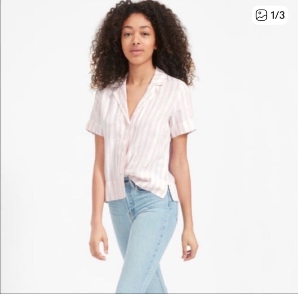 Everlane Pink and White Striped Short Sleeve Button Down Shirt